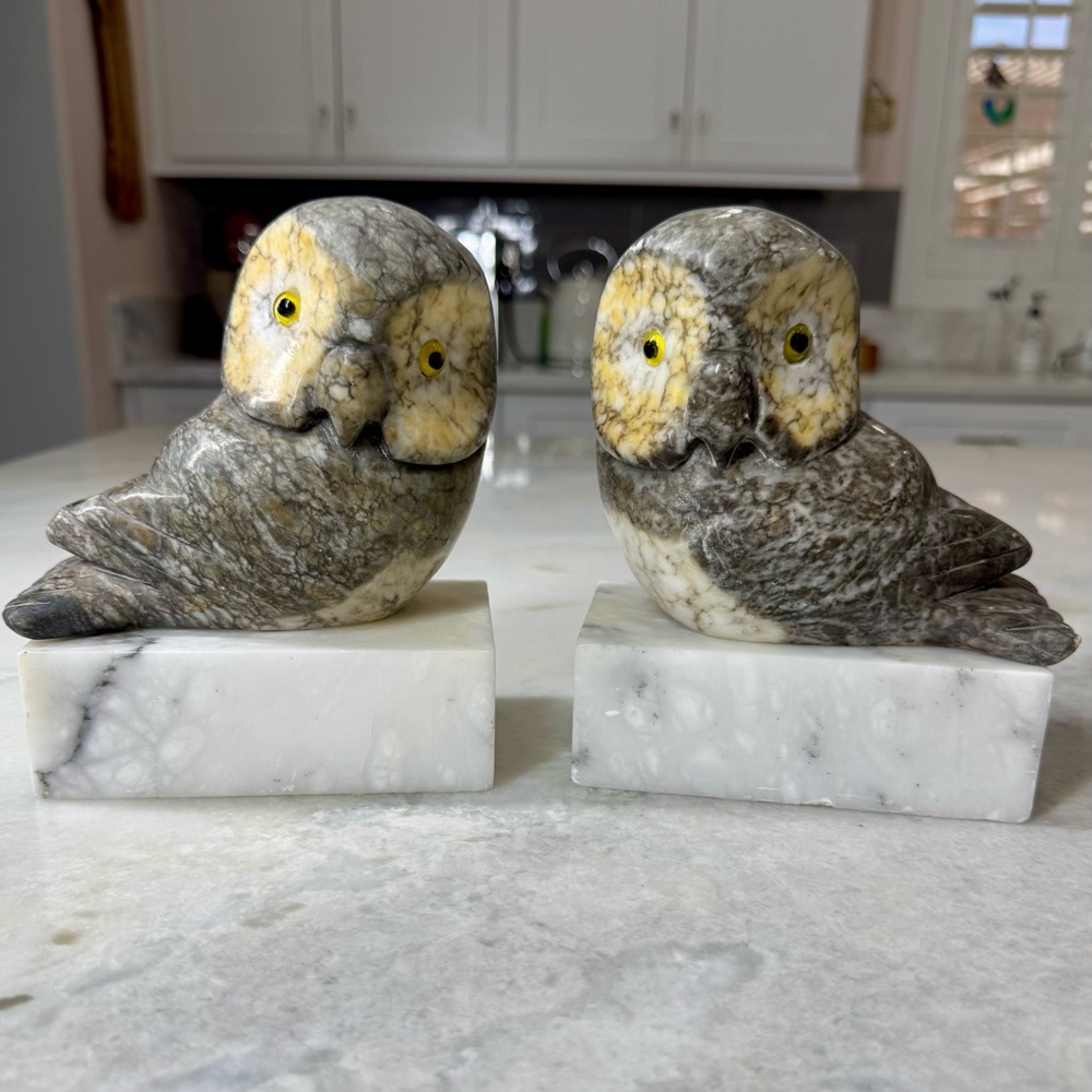 Vintage marble & alabaster stone owl book ends, set of two.